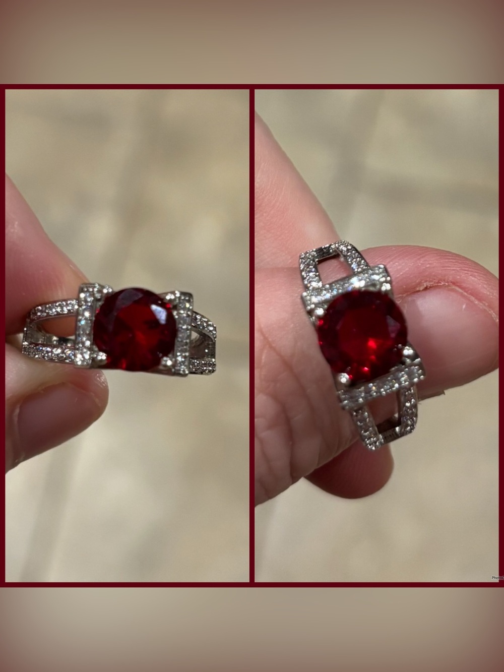 Deep Red Center Stone and Pavé Accents Silver Adjustable 6-10 Ring 💍